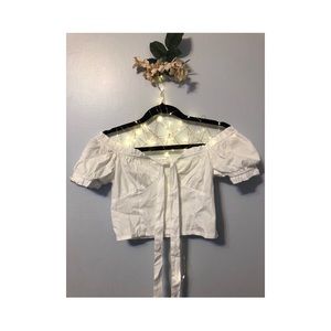 Puffy sleeve white Bardot top
